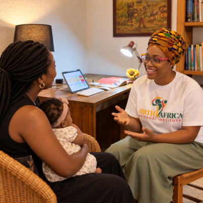 Warm Maternal Consultation in a Cozy Library